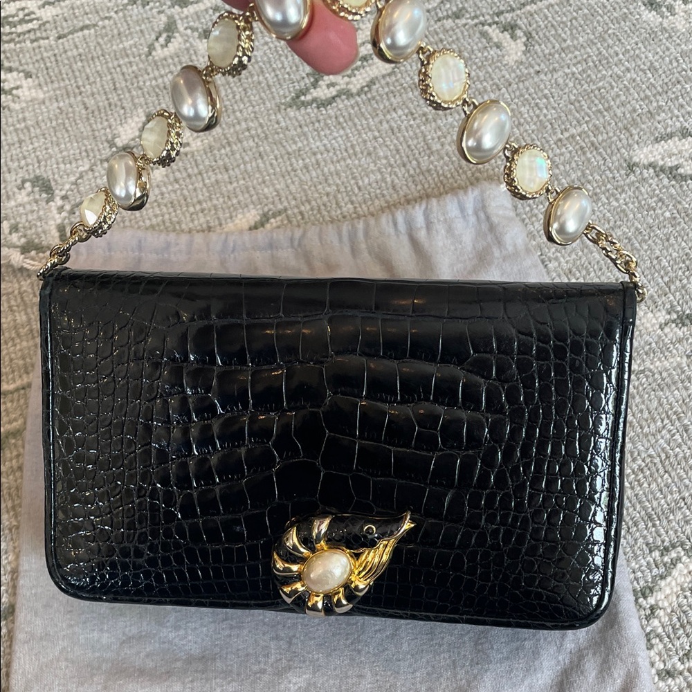 Judith Leiber Black Crocodile Clutch with Gold & Pearl Detailing - Picture 1 of 10